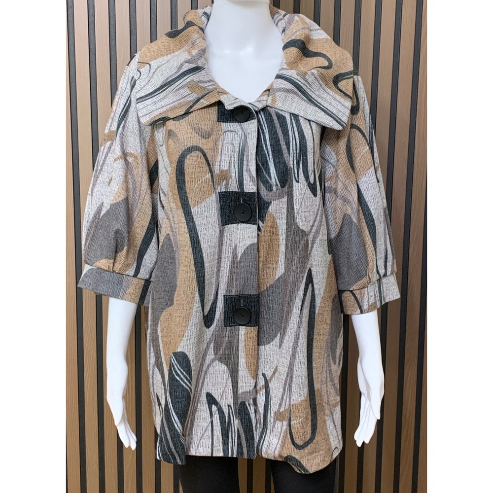 Damee XL Abstract Print Button Front Jacket Earth Tones Lagenlook Collar Swing